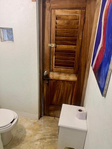 a bathroom with a toilet and a wooden door at Casa Pauline Beach house habitaciones con acceso directo a playa y alberca in Arroyo Cruz