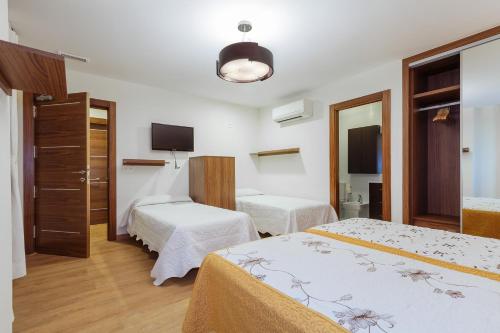 a hotel room with two beds and a tv at Hostal Arriola in Granada