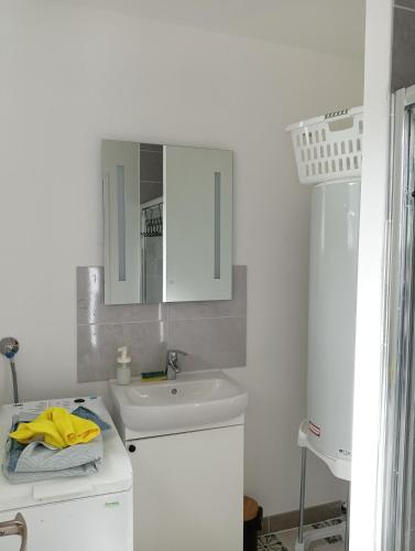 une salle de bain blanche avec un lavabo et un miroir dans l'établissement Country house, à Le Buisson Genois