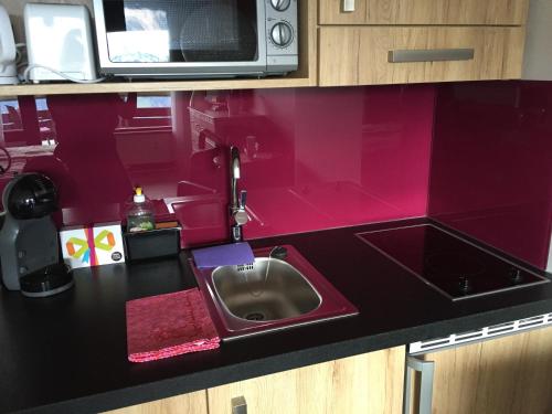a kitchen with a sink and a microwave at Apartments Seeblick mit Anbindung an ein 4-Sterne-Hotel in Beatenberg