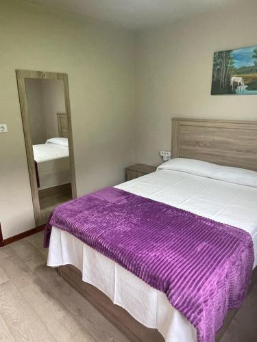 a bedroom with a large bed with a purple blanket at Casa do Carpinteiro in Brocos