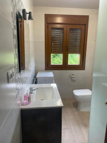 a bathroom with a sink and a toilet at Casa do Carpinteiro in Brocos