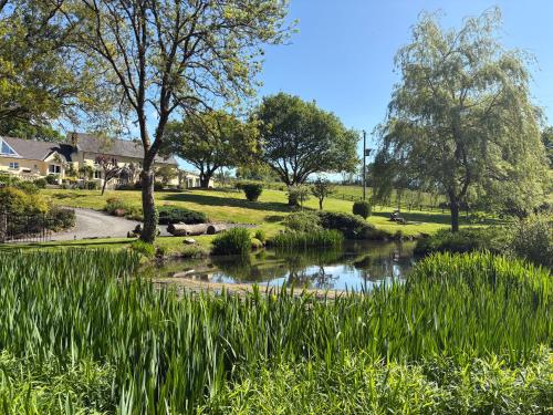 a pond in a park with grass and trees at Pheasants Roost With Indoor Pool In Devon in Broadwoodkelly