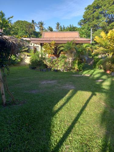 une cour avec une maison avec une pelouse verte dans l'établissement Korotogo Homestay Fiji, à Korotogo