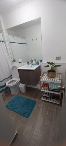 a bathroom with a tub and a toilet and a sink at Departamento nuevo 2D 1B cerca del Mall in Puerto Montt