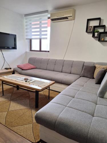a living room with a couch and a coffee table at Kuća za odmor Sara in Čortanovci