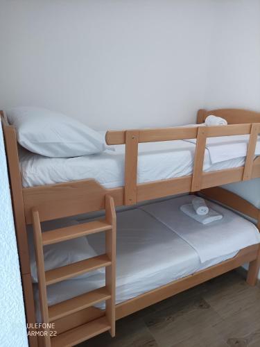 a bunk bed with a ladder and aouble bunk bed with a shelf at Apartmani Gaga in Tivat