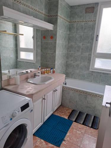 une salle de bain avec un lavabo et une machine à laver dans l'établissement Appartement 3 chambres, à Saint-André-les-Vergers