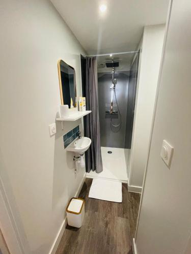 une petite salle de bain avec un lavabo et une douche dans l'établissement La Cabane, à Hesdin