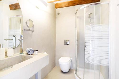 a bathroom with a shower and a toilet and a sink at Villa Dione Seastone by Villa Plus in Kiotari