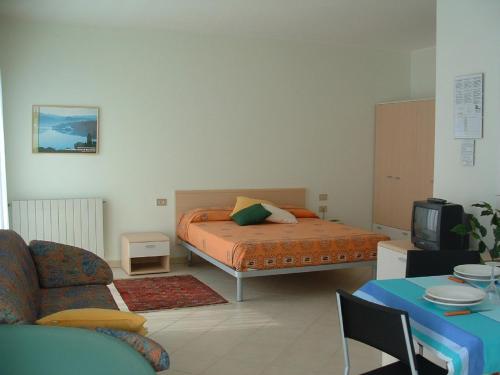 a bedroom with a bed and a couch and a tv at Residence Tre Ponti in Verbania