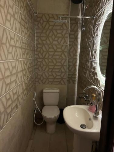 a small bathroom with a toilet and a sink at Miracle Pyramids View Hotel in Giza