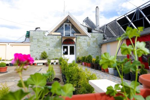 a building with potted plants in front of it at Hostel Shatrata in Bogomilovo