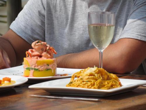 a person sitting at a table with a glass of wine and pasta at Baja Canoas Hotel in Canoas De Punta Sal
