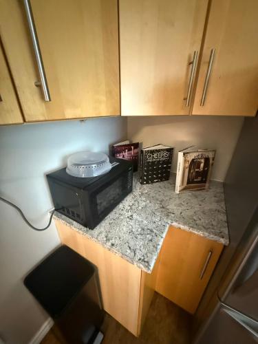 an overhead view of a kitchen with a stove at Budget Stay For Travellers to Canada Wonderland,Toronto in Vaughan