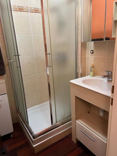 une salle de bain avec douche et lavabo dans l'établissement Maison volets bleus - jusqu'à 9 personnes - 3 chambres - Arcachon Centre, à Arcachon