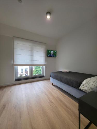 a bedroom with a bed and a window with a television at W64 Apartamenty in Płock