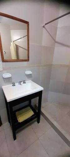 a bathroom with a sink and a mirror at la posta in Puerto Pirámides