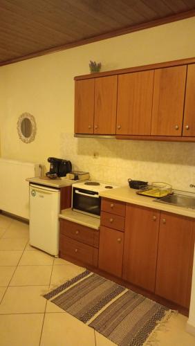 a kitchen with wooden cabinets and a stove top oven at Guesthouse Kallisti in Anilio Pelion