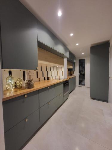 une grande cuisine avec des armoires grises et des comptoirs en bois dans l'établissement Mi Casa - 3 chambres, à Nice