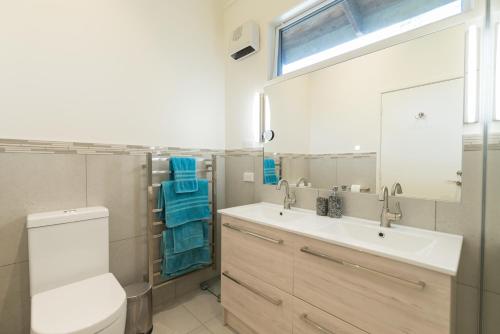 a bathroom with a sink and a toilet and a mirror at Valhalla North & Northern Lodge - waterfront, rural, semi-isolated in Kerikeri