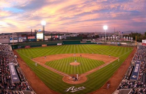 an aerial view of a baseball game at dusk at New Cozy 1BR Apt with Gym Sauna & Heated Pool Access in Reno