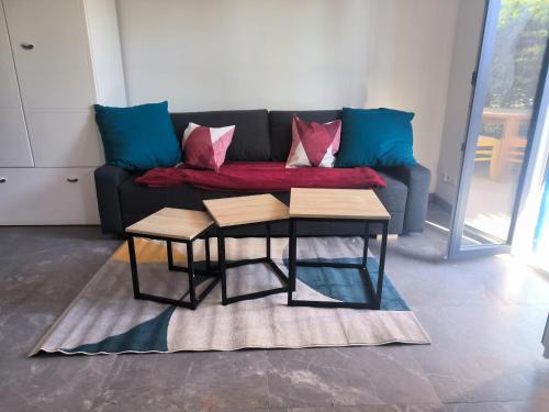 - un salon avec un canapé et deux tables dans l'établissement Appartement Jelyad Stade, à Lagny-sur-Marne
