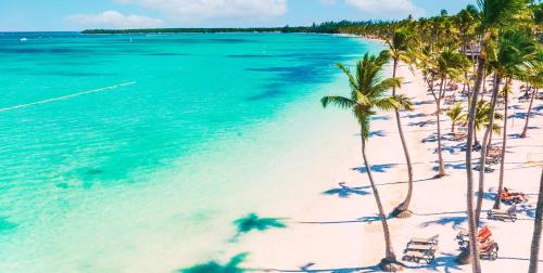 an overhead view of a beach with palm trees and the ocean at Cana Esmeralda in Punta Cana