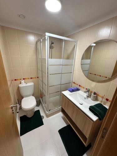 a bathroom with a toilet and a sink and a mirror at Prestige Solmar - Sea View Apartment - Free covered parking - Caniço Center in Caniço