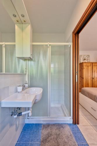 a bathroom with a sink and a shower at Ginestra Deluxe Idromassaggio privato e piscina in Eraclea Mare