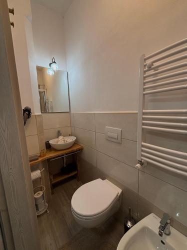 a bathroom with a white toilet and a sink at Rosa Life House in Gasponi