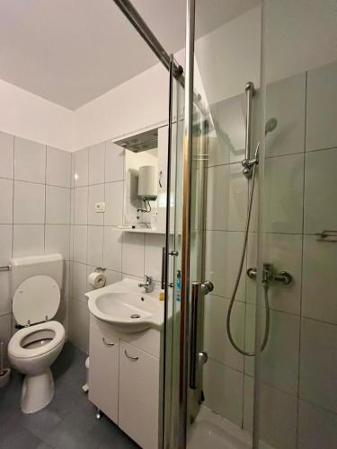 a bathroom with a shower and a toilet and a sink at Holiday Home Archipelago in Lovran
