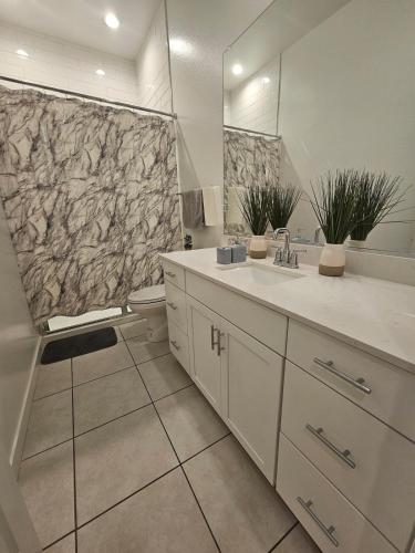 a bathroom with a sink and a toilet and a mirror at genie palace at statefarm stadium in Phoenix