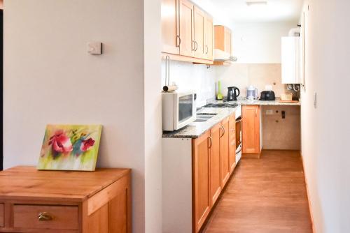 a kitchen with wooden cabinets and a microwave at Departamento Centenario con hermosa vista in San Martín de los Andes