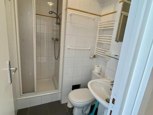 une salle de bain avec une douche, des toilettes et un lavabo dans l'établissement Studio rénové proche pistes et commerces avec balcon pour 4 personnes - FR-1-425-234, à Arâches-la-Frasse