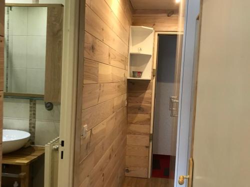 une petite salle de bain avec un lavabo et un miroir dans l'établissement Studio rénové à Pra-Loup pour 4 pers. proche station - FR-1-165A-199, à Uvernet