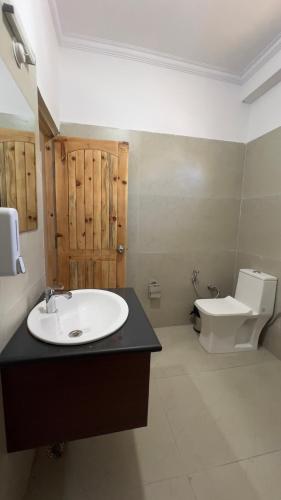 a bathroom with a sink and a toilet at Hotel Chitkul in Chitkul