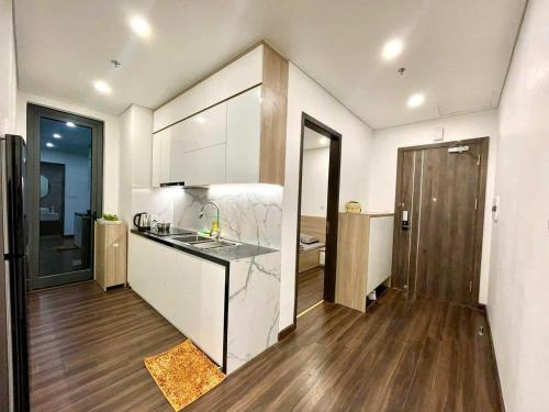 ハイフォンにあるNgoc Homestay Hoàng Huy Grand Towerのシンクとカウンタートップのあるキッチン