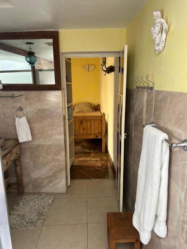 a bathroom with a walk in shower and a bathroom with a mirror at La Casa de Ensueño in Guadalajara