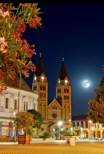 a large building with a clock tower at night at Apartman De Lux in Nyíregyháza