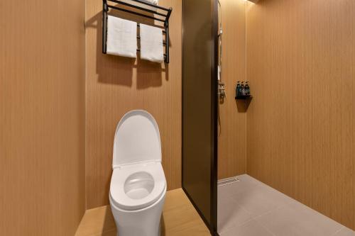 a bathroom with a toilet with the lid up at Baiman Hotel Beijing South Railway Station Heyi Subway Station Branch in Beijing