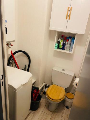 une petite salle de bain avec toilettes et lavabo dans l'établissement Appartement, vue LAC Panoramique avec Terrasse, Parking, Aux Angles, aux Angles