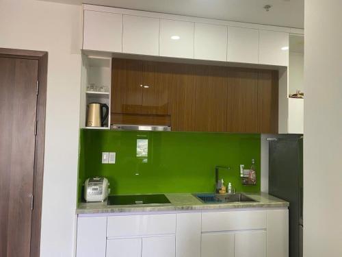 a green and white kitchen with a sink at Vina Apartment- Căn hộ trung tâm Huế in Thôn Trường Giang
