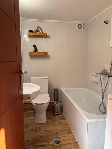 a bathroom with a toilet and a tub and a sink at Soul Home in Iraklitsa