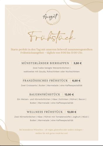 een wit menu voor een restaurant met een lijst bij Erlebniswelt Resort Apartment 5 in Reken