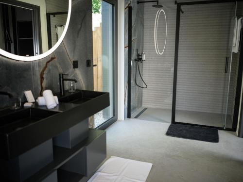 a bathroom with a black sink and a shower at Domaine Le Verbois in Chantilly