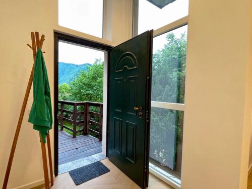 a green door with a view of a deck at Roccia Verde apartment in Cernobbio