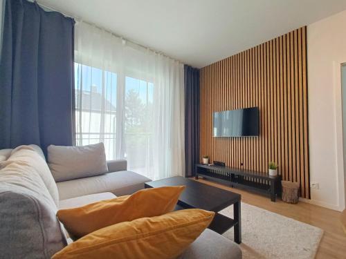 Una sala de estar con un sofá y un televisor. en Apartament Baltic Sauna Break e-apart, en Władysławowo