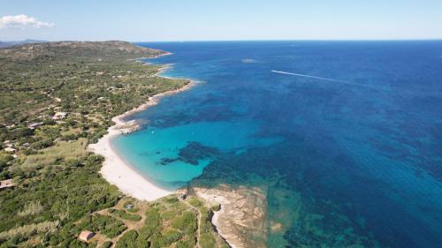 une vue aérienne d'une plage et de l'océan dans l'établissement Villa paisible face aux îles Lavezzi, à Bonifacio