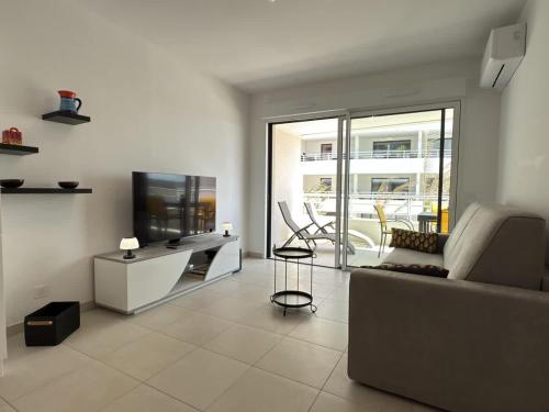 un salon avec un canapé et une télévision dans l'établissement Valras-Loc Archipel Panarea Appartement climatise, à Valras-Plage